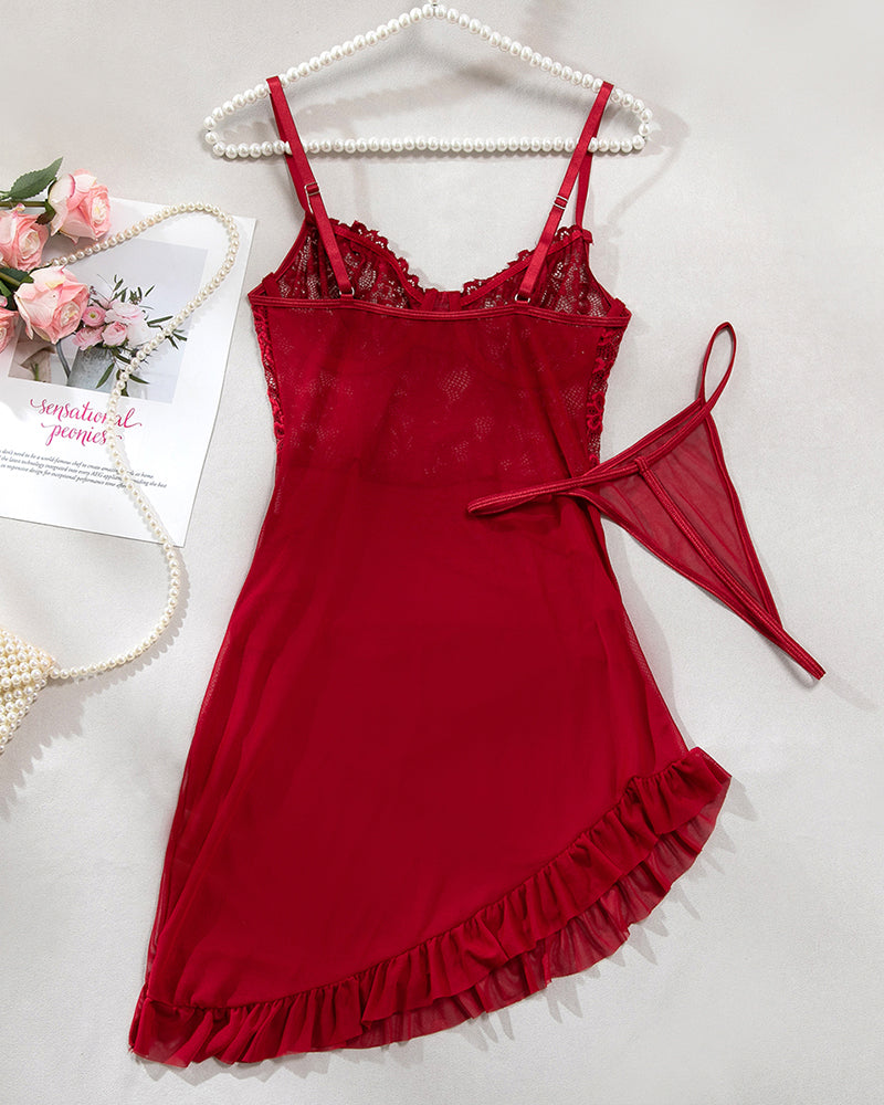 Wine red mesh lingerie dress with floral embroidery, lace cups, ruffle hem, matching G-string