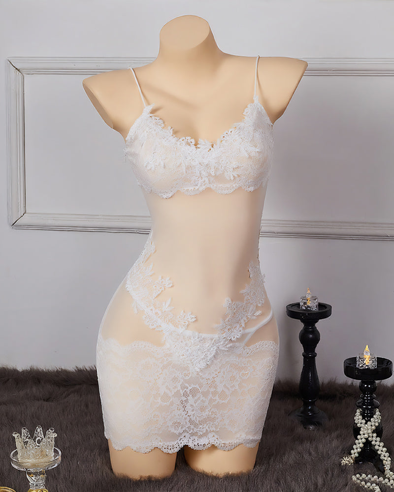 White floral-embroidered mesh chemise dress with lace trim and thin spaghetti straps