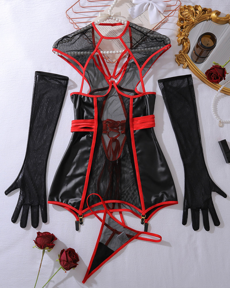 Black and red fishnet cupless night dress with lace-up ties and long gloves