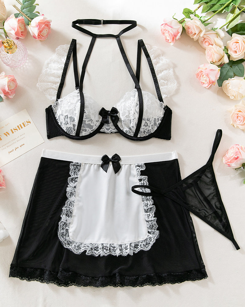 Black and white lace halter bra and mesh skirt set, choker and bow accents