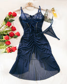Ruffle mesh lace bodycon dress, navy blue lace corset bodice and flared ruffle skirt