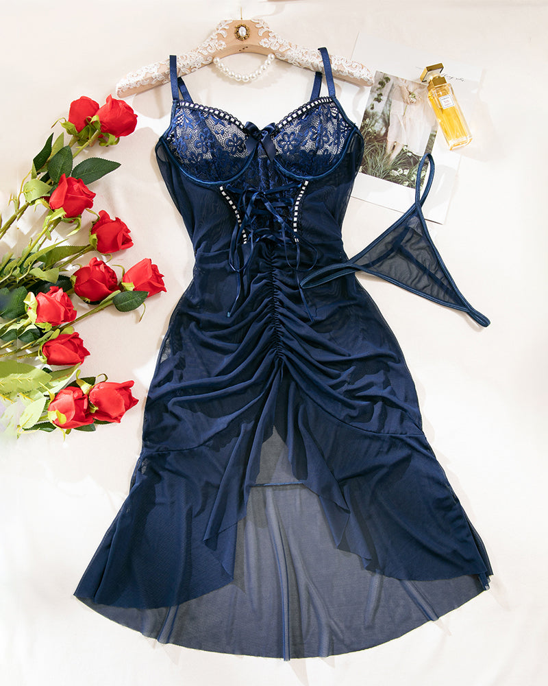 Ruffle mesh lace bodycon dress, navy blue lace corset bodice and flared ruffle skirt