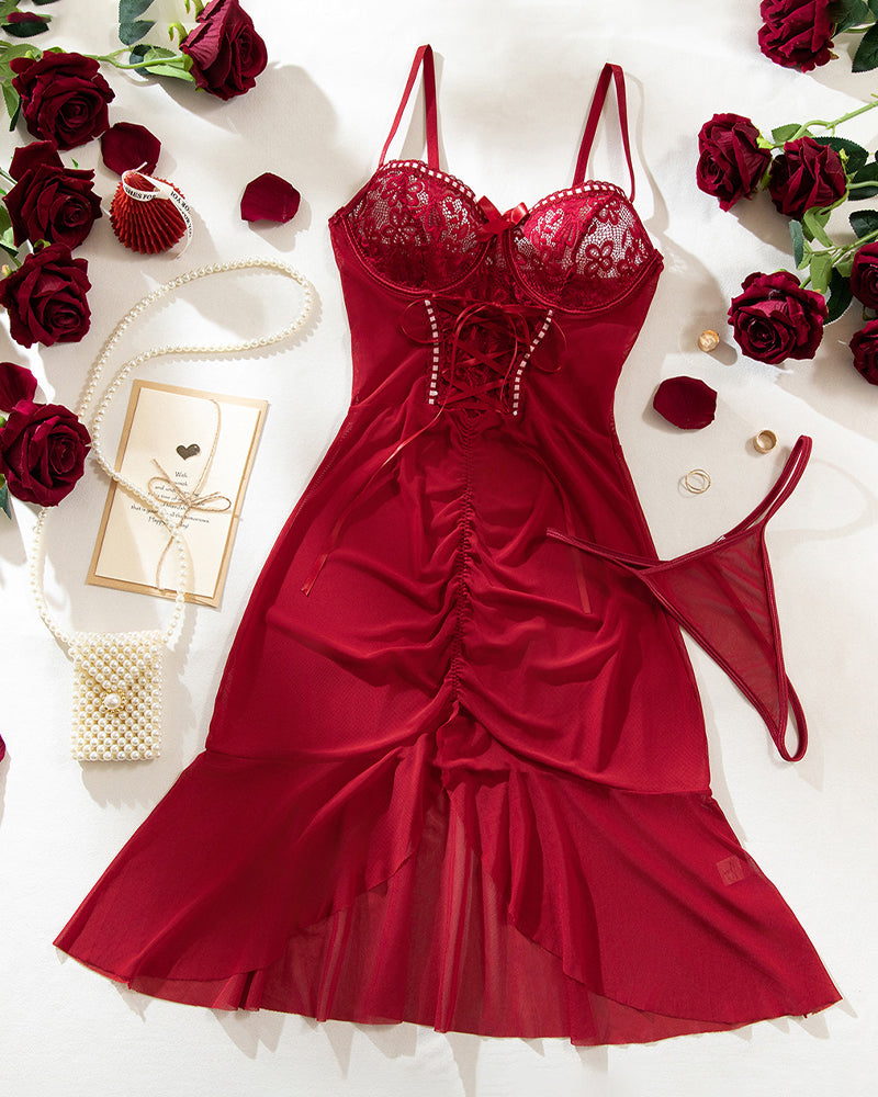 Ruffle mesh lace bodycon dress, wine red lace corset bodice and ruffle skirt, flat lay