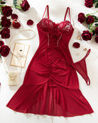 Ruffle mesh lace bodycon dress, wine red lace corset bodice and ruffle skirt, flat lay
