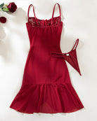 Ruffle mesh lace bodycon dress, wine red lace corset bodice and flared ruffle skirt, flat lay