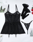 Black lace babydoll slip dress with matching stockings set
