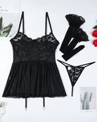 Black lace babydoll slip dress with matching stockings set, flat lay
