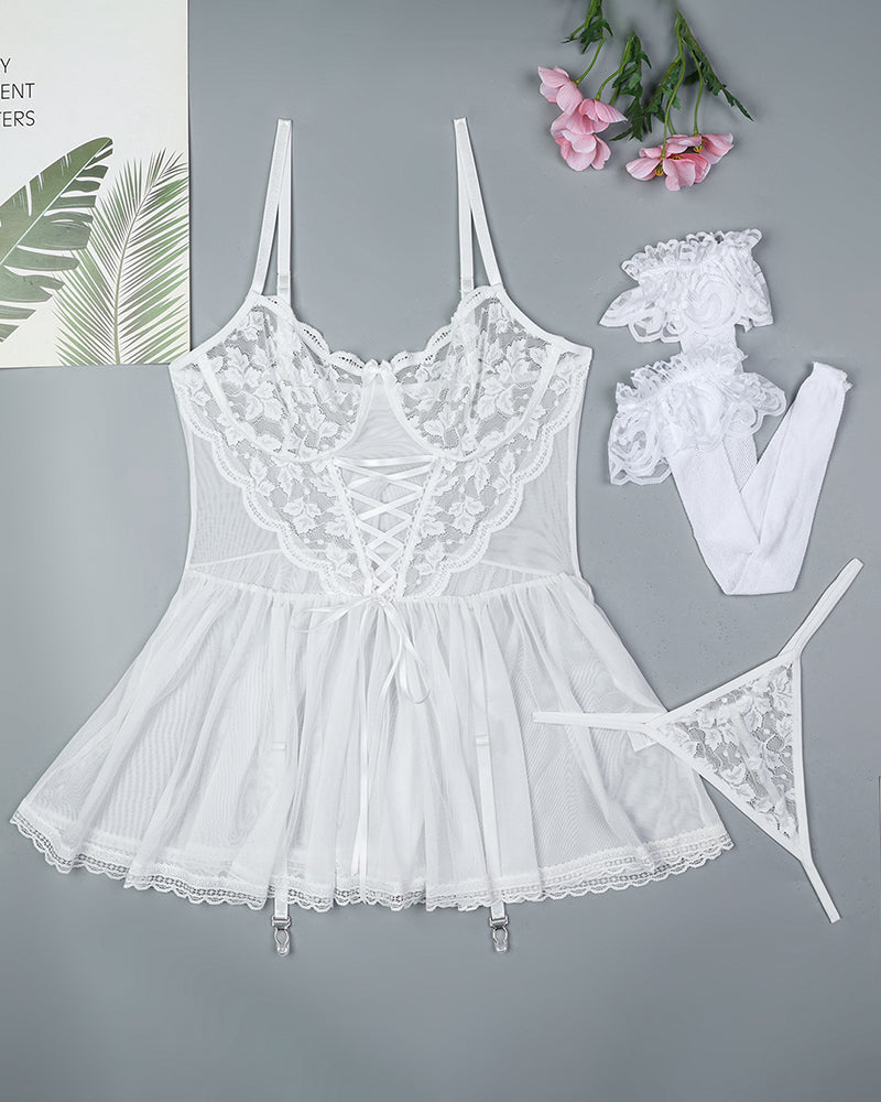 White floral lace babydoll slip dress with matching stockings, adjustable garter straps