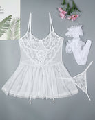 White floral lace babydoll slip dress with matching stockings, adjustable garter straps