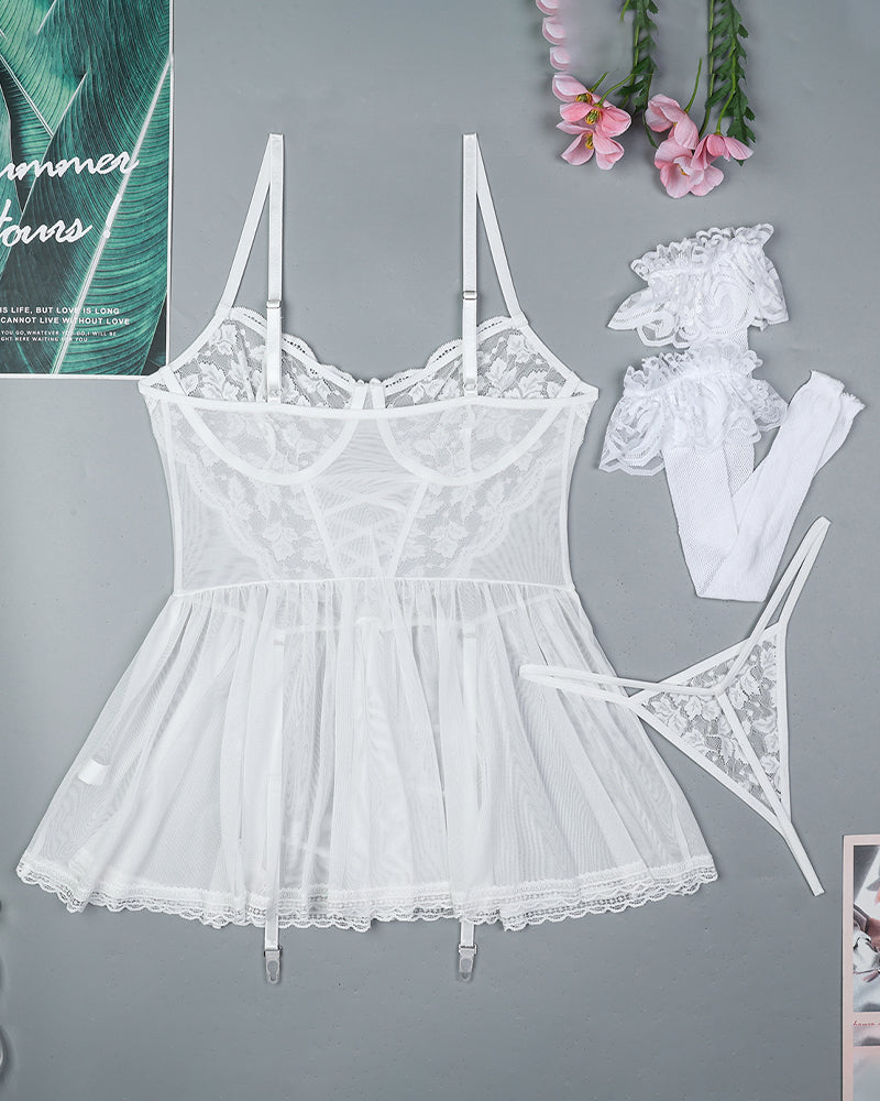 White floral lace babydoll slip dress with garter-style stockings, scalloped lace edges