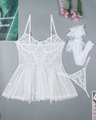 White floral lace babydoll slip dress with garter-style stockings, scalloped lace edges
