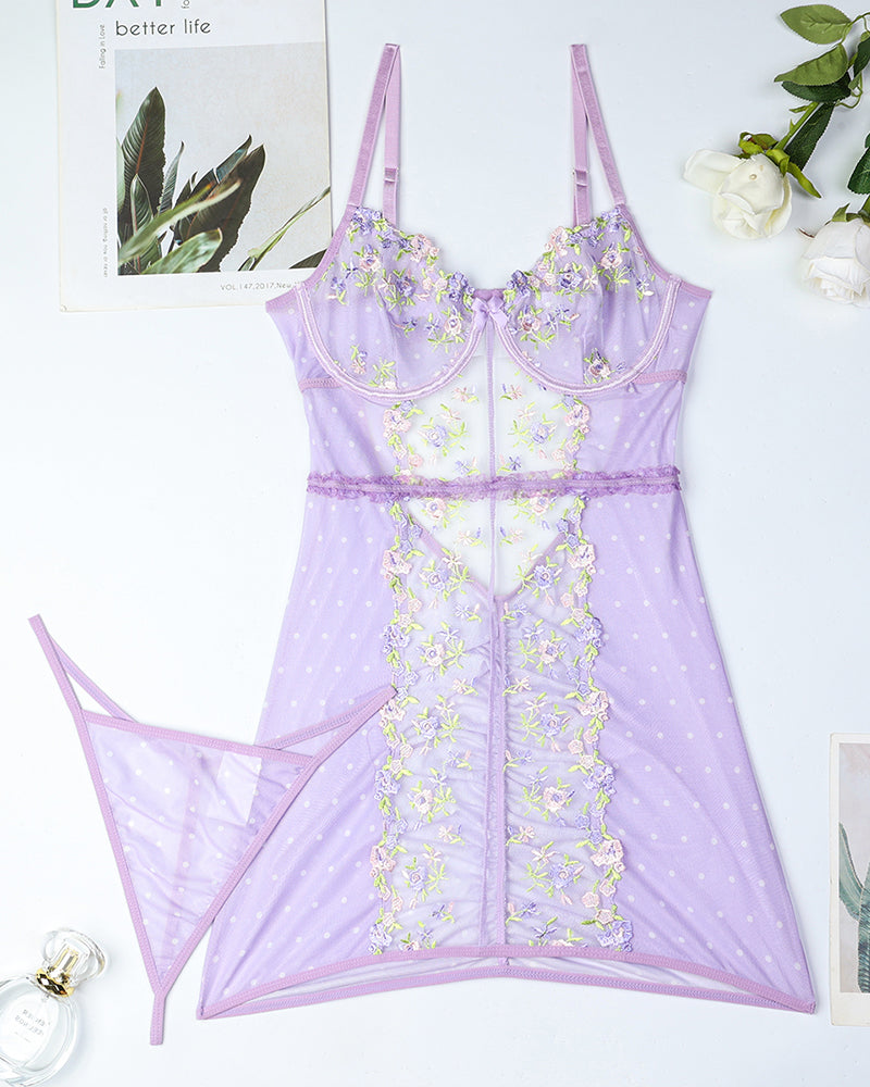 Purple lace embroidered mini slip dress with floral front panel and sweetheart neckline