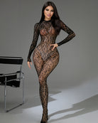 Brown sheer full-body bodystocking with long sleeves and high-neck snake-pattern print