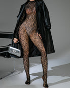 Brown sheer full-body bodystocking with long sleeves and snake-pattern texture, footed legs