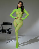 Neon green sheer full-body bodystocking with long sleeves and textured snake-skin pattern