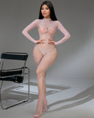 Pink sheer full-body bodystocking with long sleeves and textured snake-skin pattern