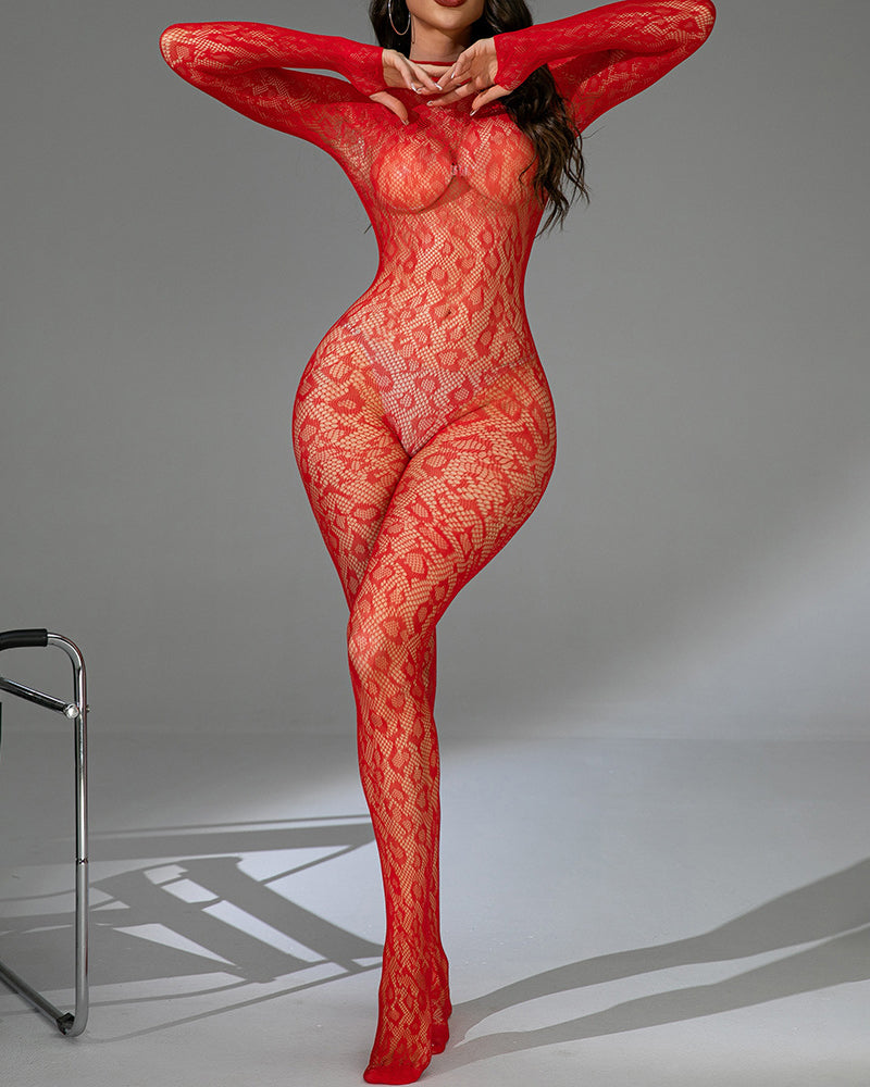 Red sheer full-body bodystocking with long sleeves and lace-like patterned design.