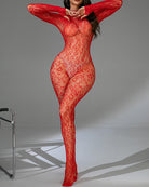 Red sheer full-body bodystocking with long sleeves and lace-like patterned design.