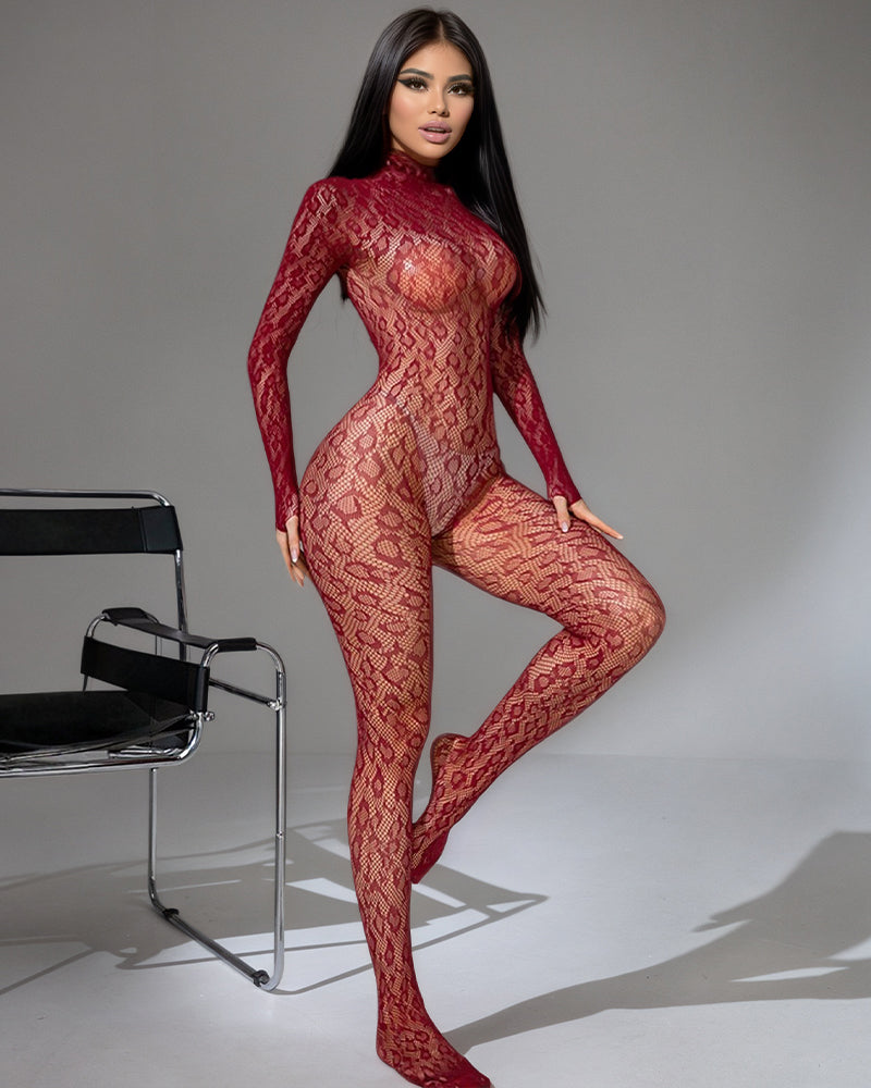 Burgundy sheer full-body bodystocking with long sleeves and lace-like pattern.
