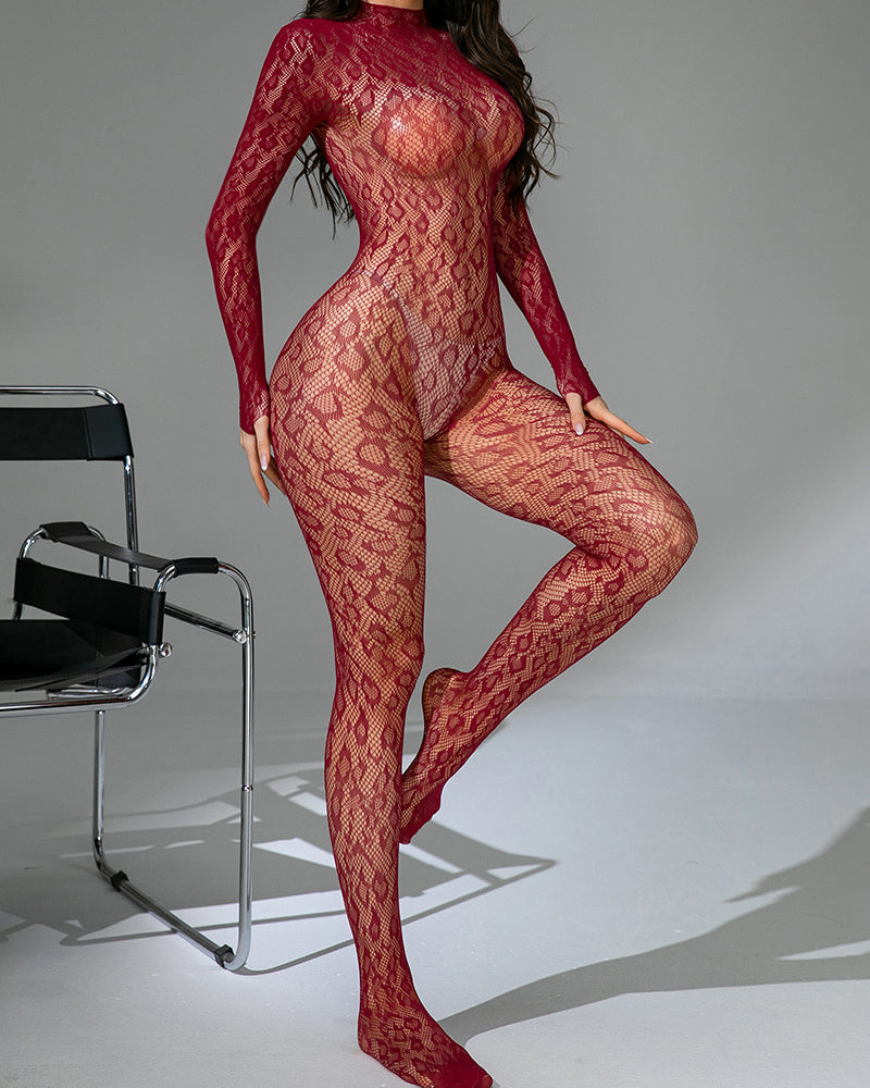 Burgundy sheer full-body bodystocking with long sleeves and lace-like patterned legs.