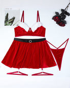 Red velvet lingerie set with bra, mini skirt, garters and matching thong