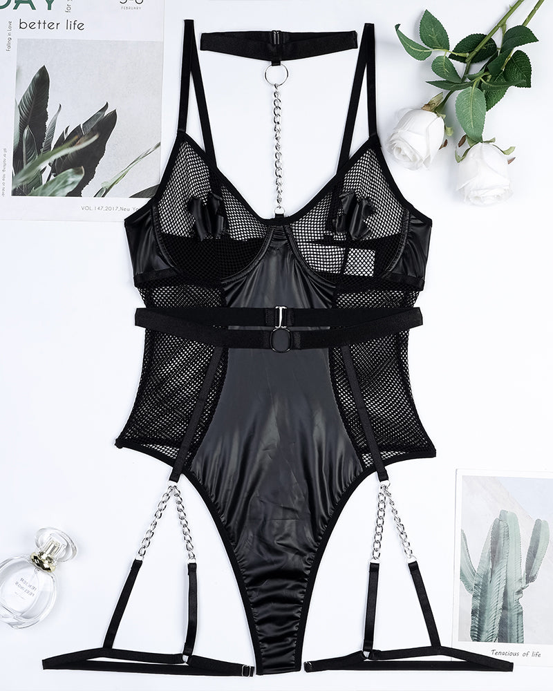 Black mesh leather bodysuit with front chain, waist belt buckle, and split garter straps