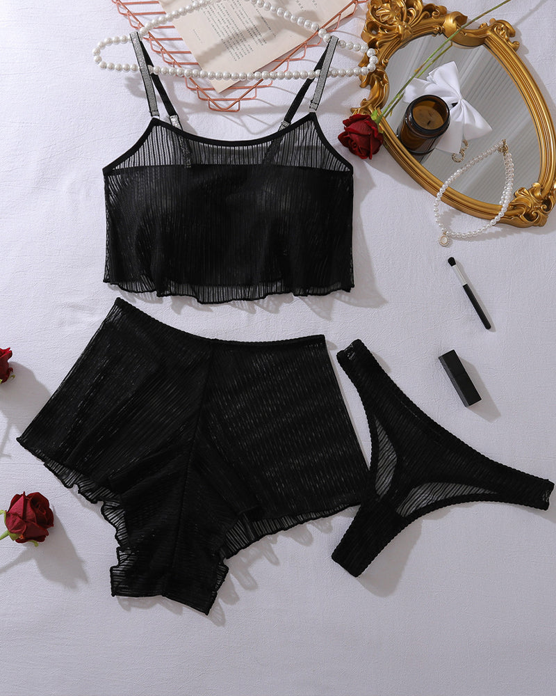 Black mesh sheer tank top and shorts pajama set, flat lay with thin straps