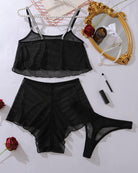 Black mesh sheer tank top and shorts set, flat lay with ruffled hems