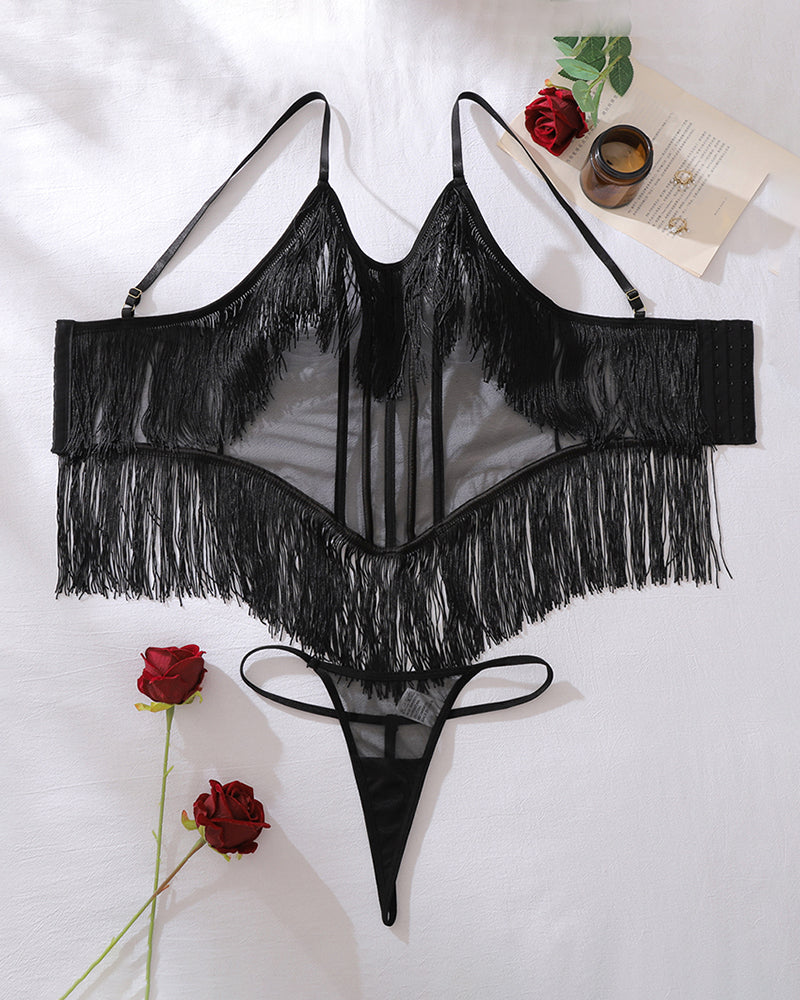 Black fringe-trim mesh bodysuit with bra-style cups and thong bottom