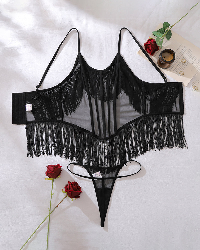 Black fringe-trim mesh bodysuit with sheer center panel and strap bra cups