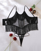 Black fringe-trim mesh bodysuit with sheer center panel and strap bra cups