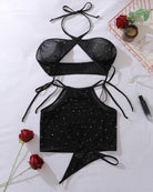 Black starry mesh halter bra top with matching mini skirt set