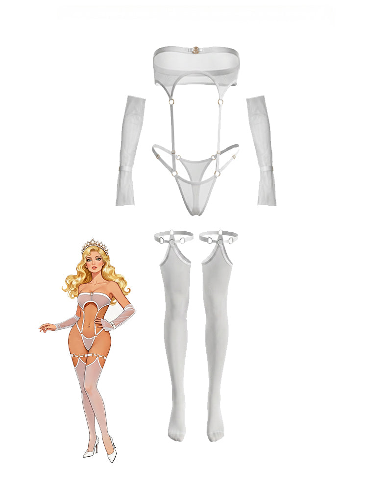 White sheer mesh bodysuit set with gloves and thong-style stockings, adjustable straps