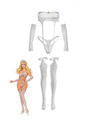 White sheer mesh bodysuit set with gloves and thong-style stockings, adjustable straps
