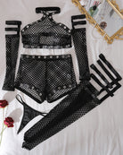 Black fishnet halter lingerie set with gloves, stockings, and matching belt-trim pieces