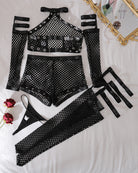 Black fishnet lingerie pieces: halter top, shorts, gloves, and thigh-high stockings