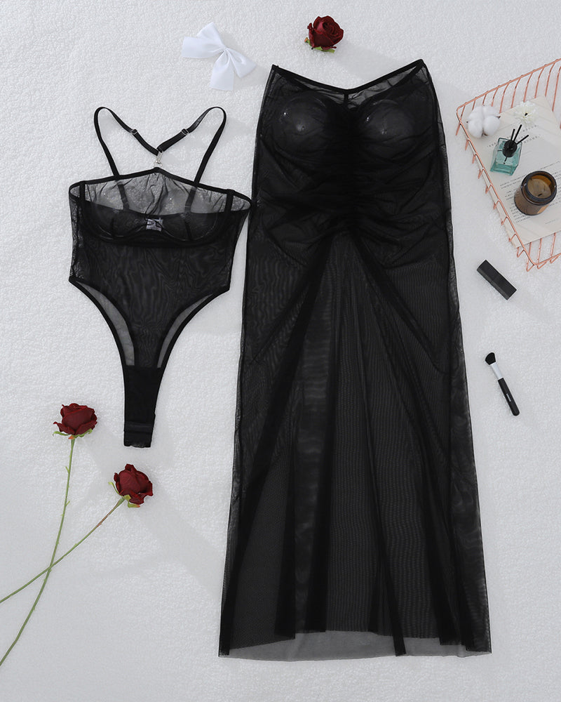 Black sheer mesh bodysuit and long skirt set, bralette bodysuit and maxi skirt