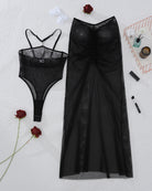Black sheer mesh bodysuit and long skirt set, bralette bodysuit and maxi skirt