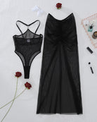 Black sheer mesh bodysuit and long skirt set, cross-strap bodysuit with maxi skirt