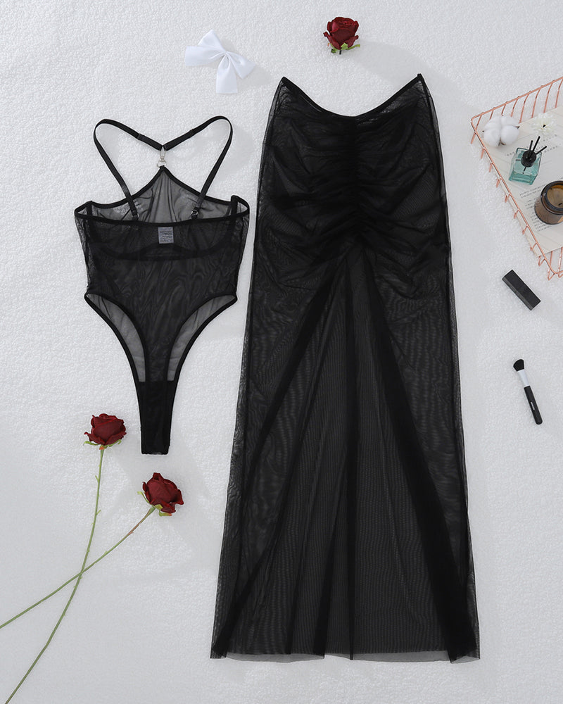 Black sheer mesh bodysuit and long skirt set, cross-strap bodysuit with maxi skirt