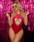 Red velvet halter bodysuit with front heart cutout rhinestone fringe