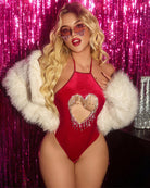 Red velvet halter bodysuit with heart cutout rhinestone fringe and open-back straps