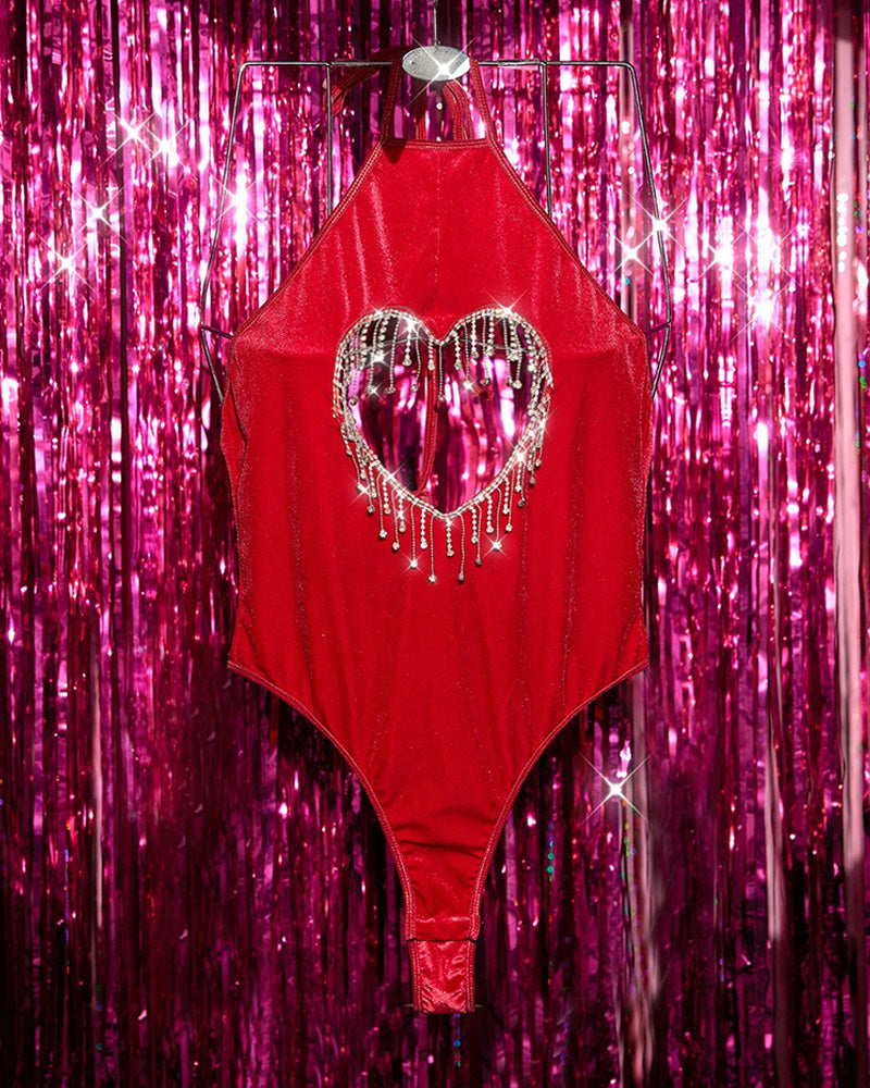 Red velvet halter bodysuit on hanger, heart cutout rhinestone fringe design