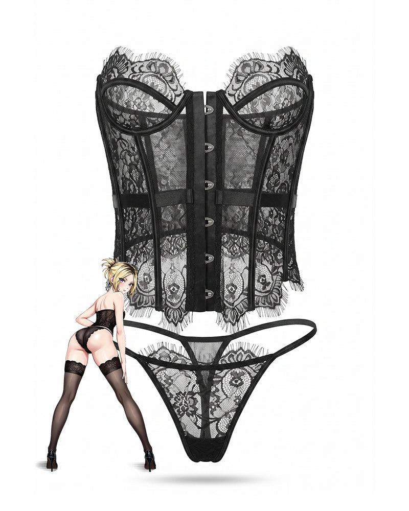 Black lace corset top with front closure and matching lace thong, full set