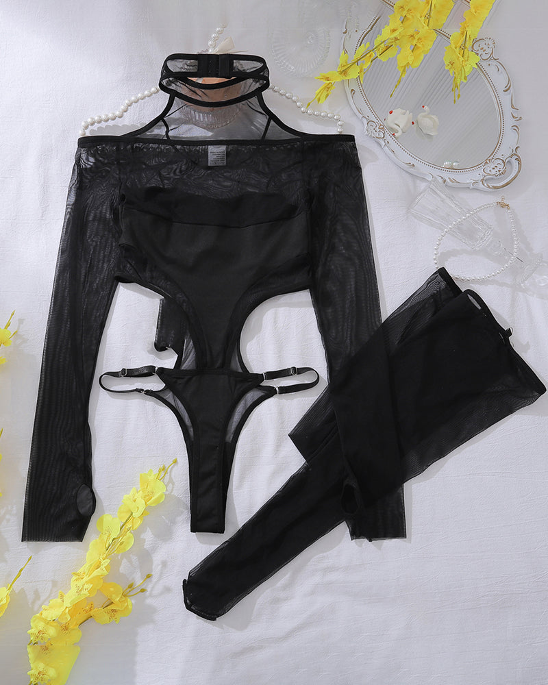Black sheer bodysuit and long stockings set, choker neckline, garter straps