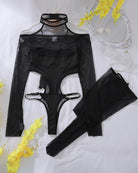 Black sheer bodysuit and long stockings set, choker neckline, garter straps