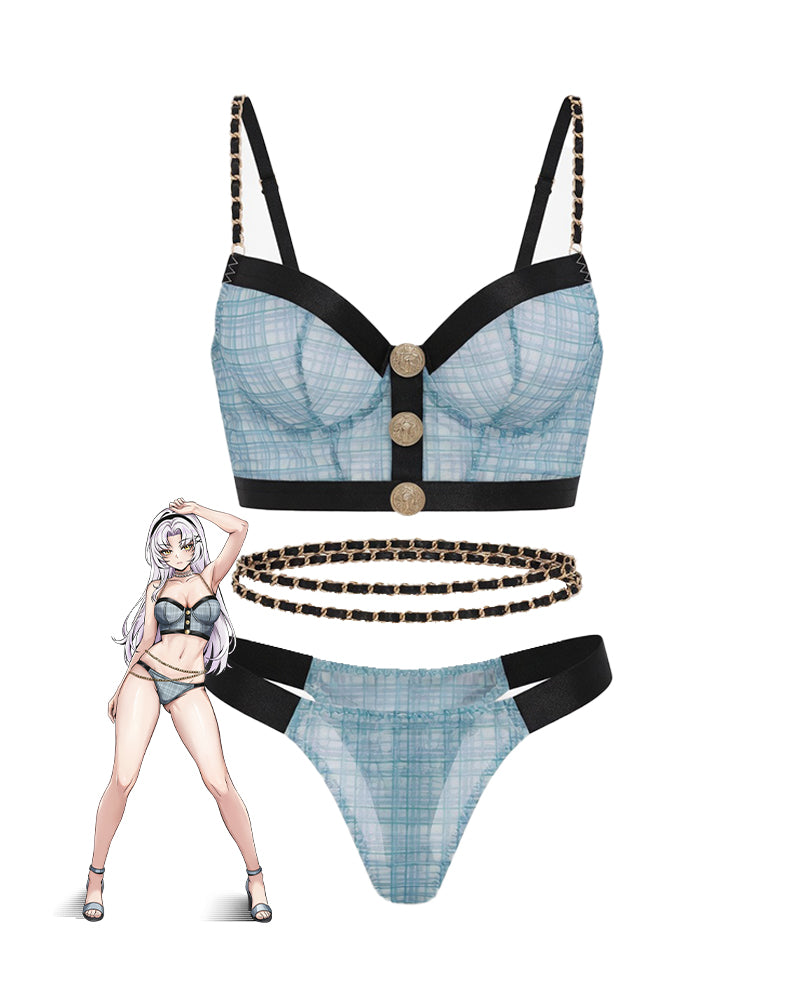 Blue plaid lingerie bra top and matching thong with black straps and waist chain