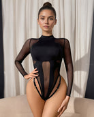 Black mesh sheer bodysuit with mock neck, long sleeves, and front cutout panels