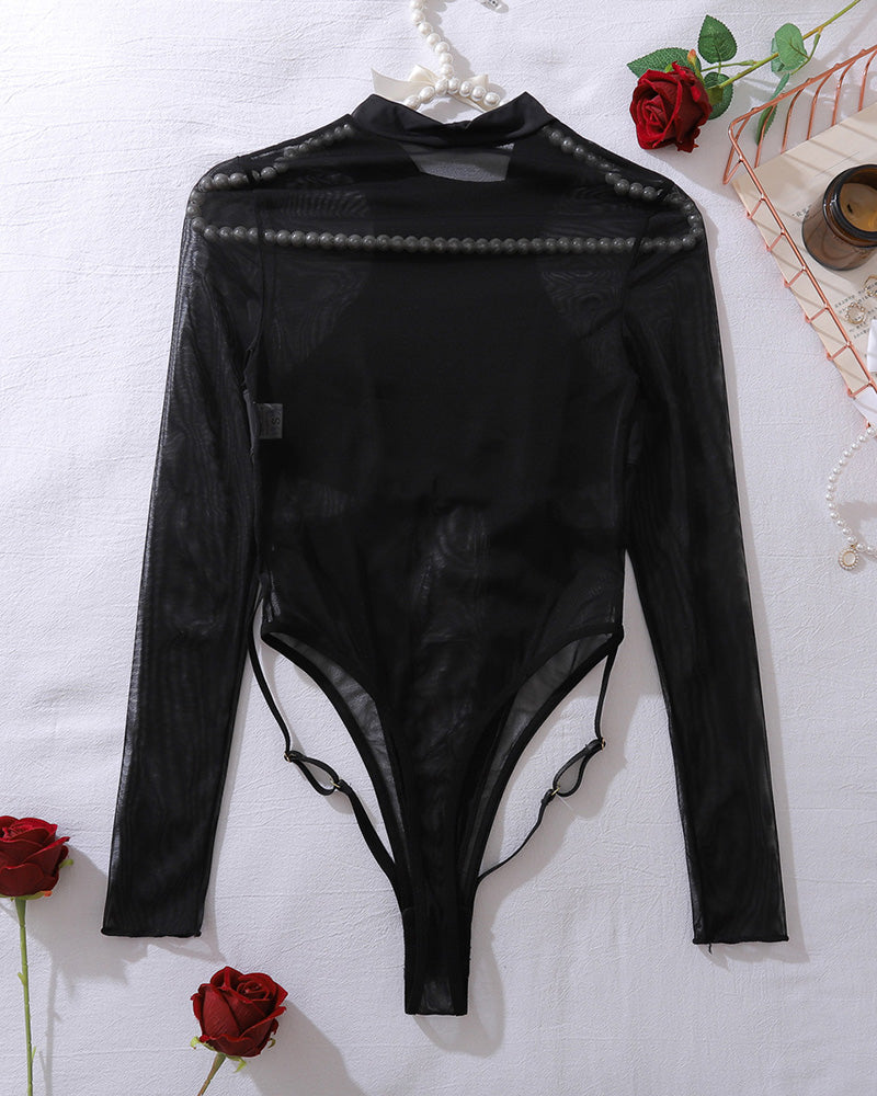 Black mesh sheer bodysuit with long sleeves and mock neck, open back style