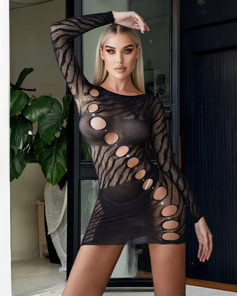 Black hollow rhinestone bodycon mini dress with long sleeves and oval cutout pattern